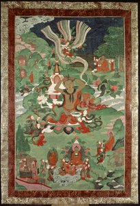 Buda cortando un mechón de cabello, estandarte del templo tibetano de Tibetan School